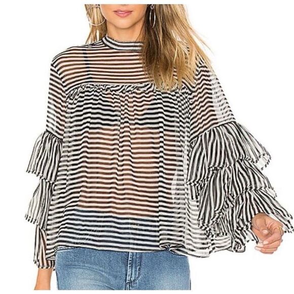 NWT GM Studio Women's Silk Striped Ruffle Sleeve Blouse Black White Size XS - Picture 11 of 12